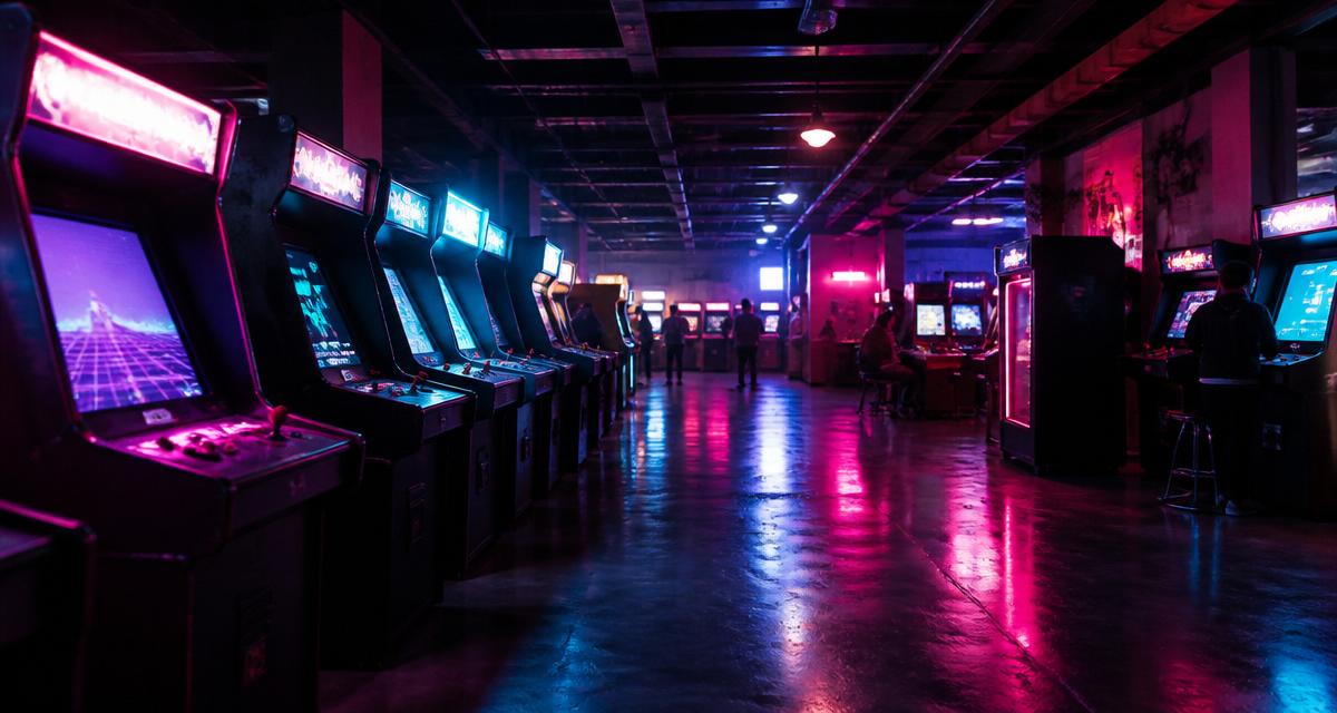 Neon-lit uniqgamehall arcade hall with rows of illuminated retro cabinets